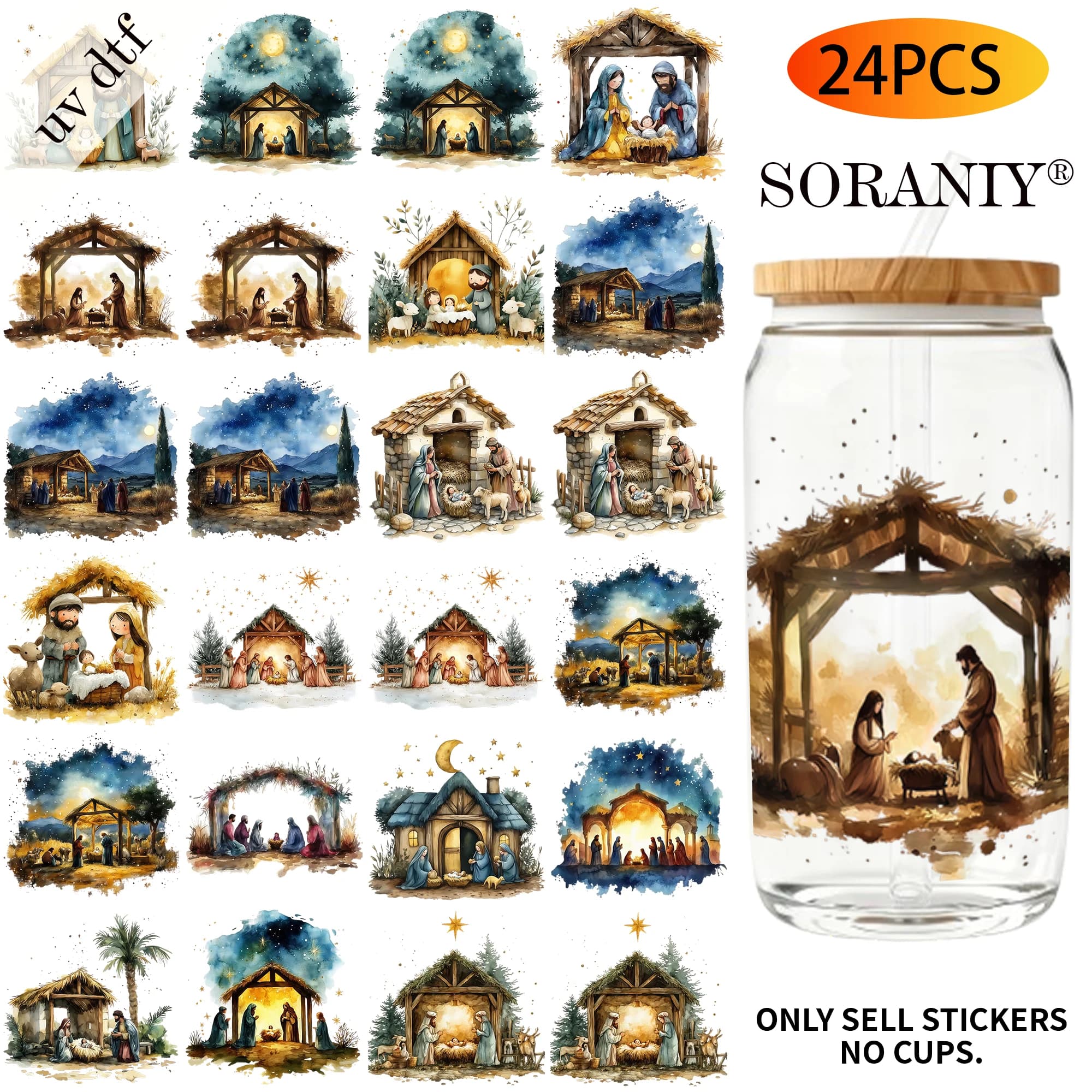 24PCS/Set Christmas Scene of the Birth of Jesus Themed UV DTF 16OZ DIY Transfer Paper Set Used For 16oz Water Bottles Glass
