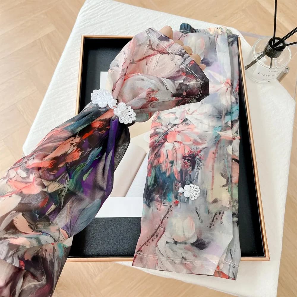 Chinese style printed ice silk sleeves Anti-Chiffon sun protection sleeves UV Flower Glove Long Sleeves Solar Protection