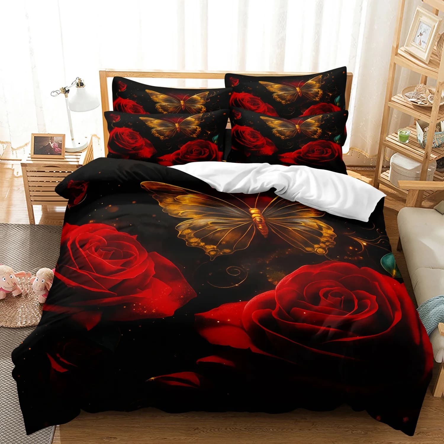 3 Pieces Romantic Dark Red Rose Golden Butterfly Duvet Cover Set, Black Floral Print Bedding, For Family Bedrooms Dormitories