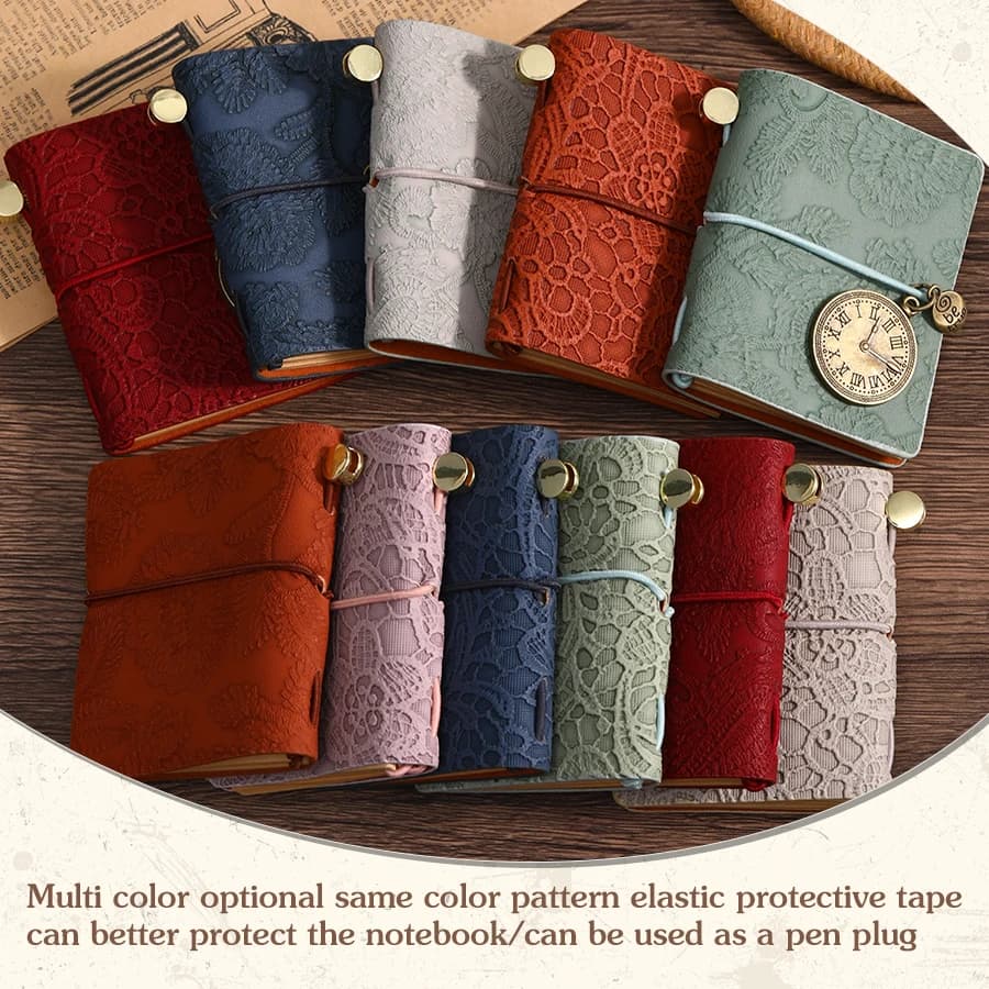 6Pcs Pocket Notebook Set Retro PU Leather Embossed Lace Cover Mini Portable Journal Notepad for Students Office Stationery Gift