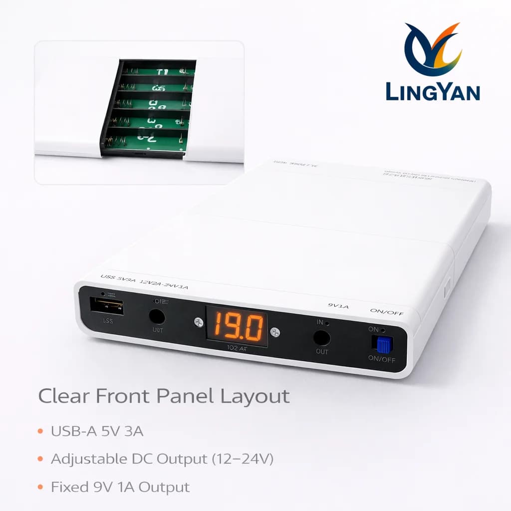 12×18650 adjustable voltage UPS battery container, 5V / 9V / 12-24V output, 3S4P DIY power backup box without welding (without batteries)