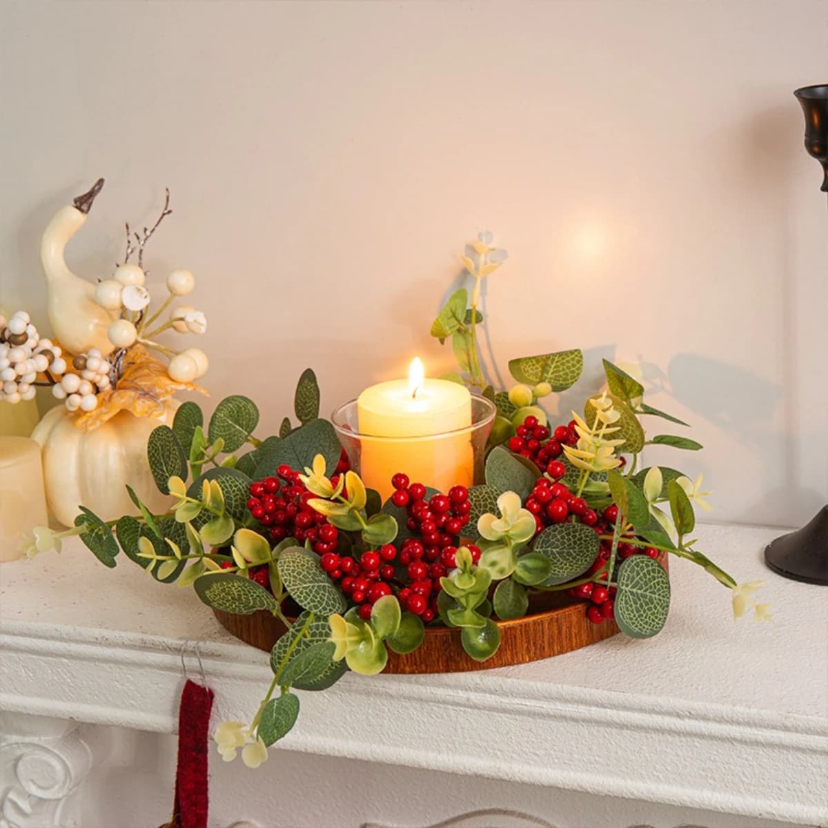 1Pcs Christmas Artificial Candle Ring Wreath Mini Floral Wreath Wedding Festival Table Centerpiece Home Desktop Decor Ornament