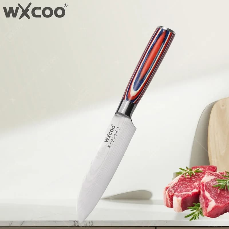 WXCOO 5inch Japanese Kitchen Knife for Cooking Santoku Knife Household Fruit Vegetable Cutting Wooden Handle Fruit Peeler Knife