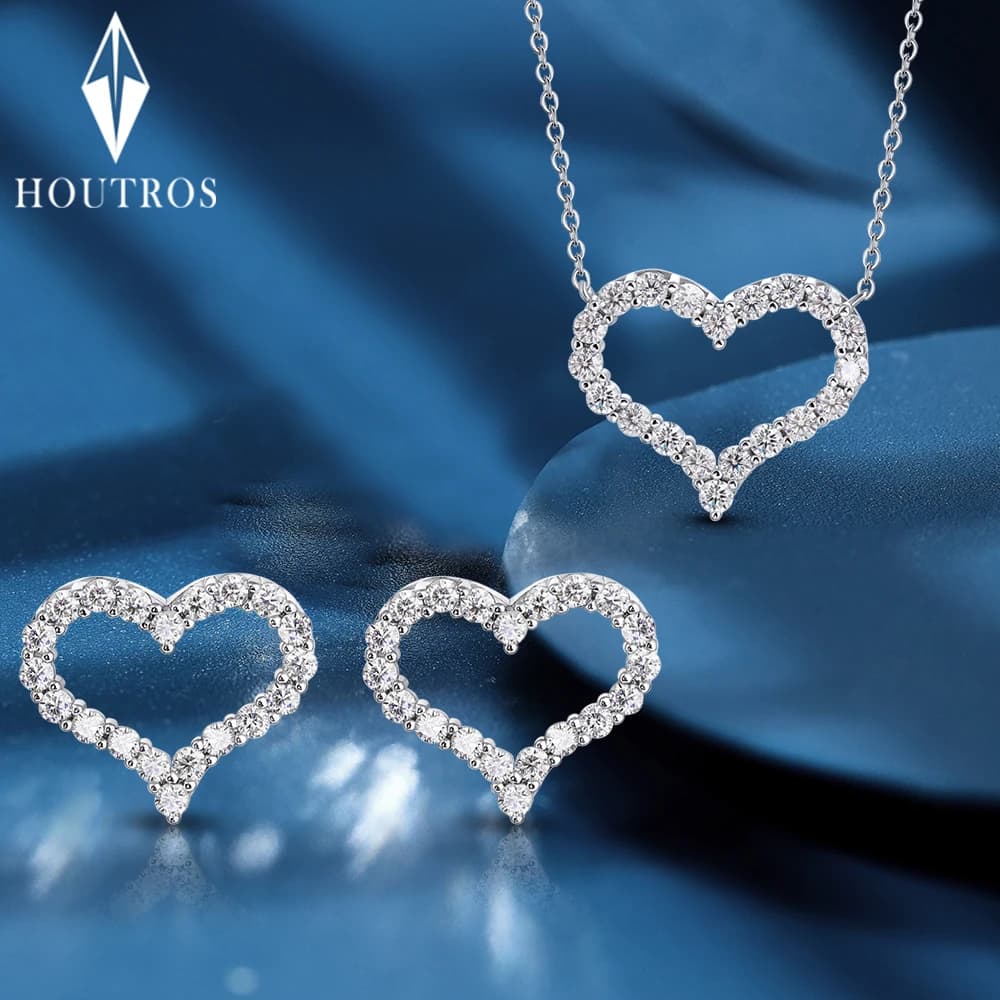 D Color Heart Shape Moissanite Diamond Jewelry Set for Women 925 Sterling Silver Pendant Necklace Stud Earrings Wedding Jewelry