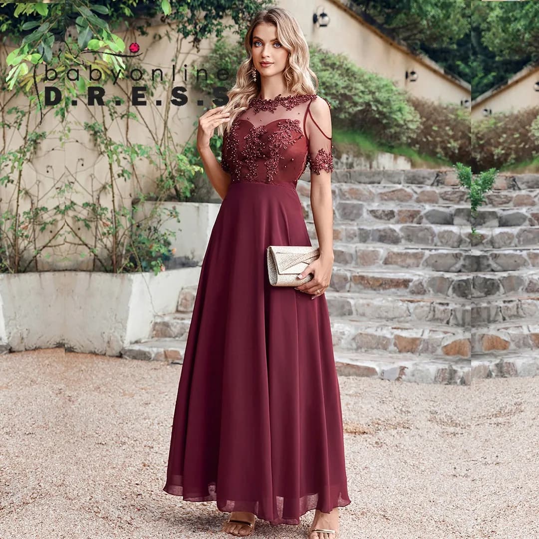BABYONLINE abito da damigella d'onore rosa perline di perle Illusion manica corta Boho abiti da ospite per feste di matrimonio Chiffon A Line abiti da donna