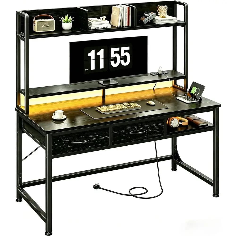 Scrivania da Gaming 39.4 con Hutch e Supporto Monitor, Scrivania per Computer con 2 Cassetti e 1 Vano Aperto, Scrivania con LED e Presa di Corrente
