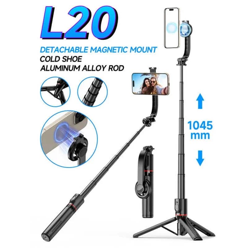 Treppiede Magnetico L20 e Asta Selfie Estensibile 1045mm, Supporto Portatile per Telefono Cellulare per Selfie, Registrazione Video e Vlog