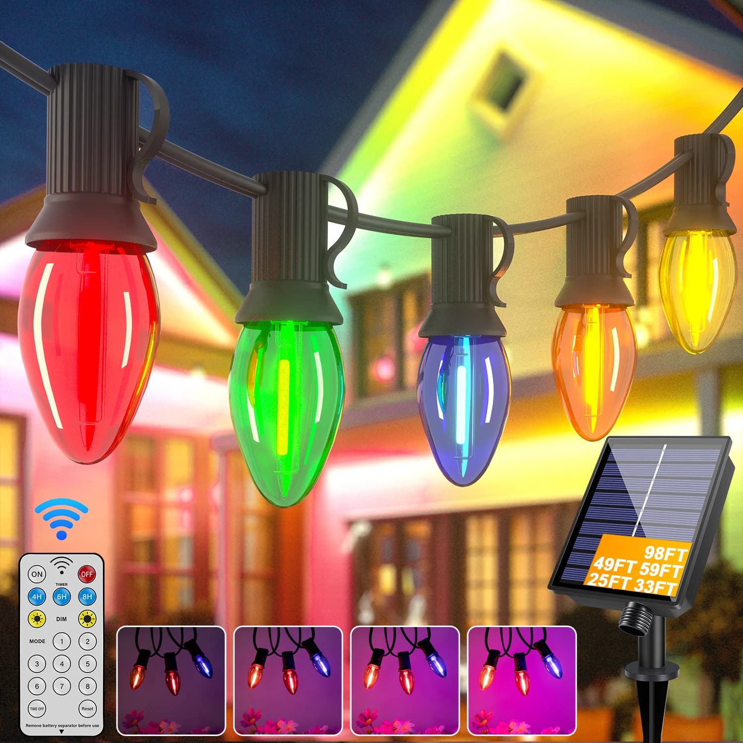 Luci Solari C7 Colorate a LED per Esterni, Luci a Stringa Impermeabili per Patio, Alimentate a Energia Solare e USB, Luci Sospese Infrangibili