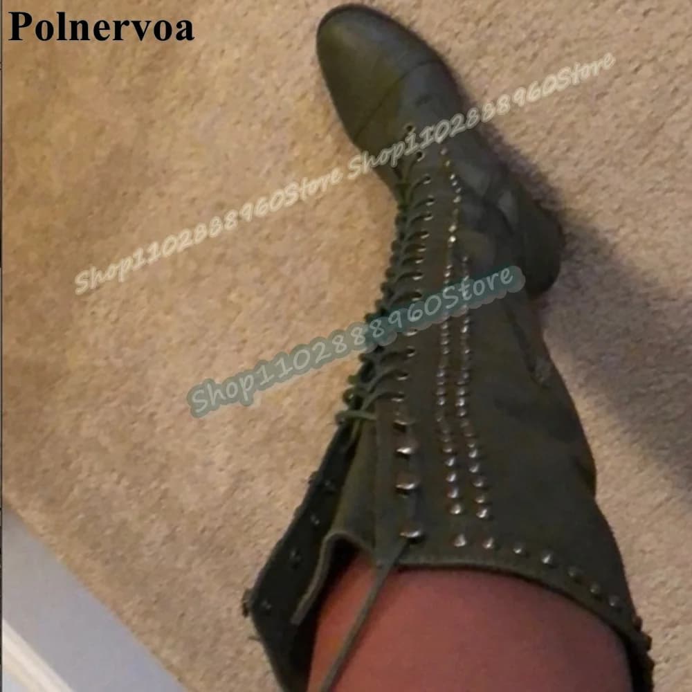 Stivali Trendy Verdi al Ginocchio con Borchie e Lacci Incrociati, Tacco Spesso, Scarpe da Donna con Cerniera Laterale e Punta Rotonda, Moda 2026, Zapatos Para Mujer