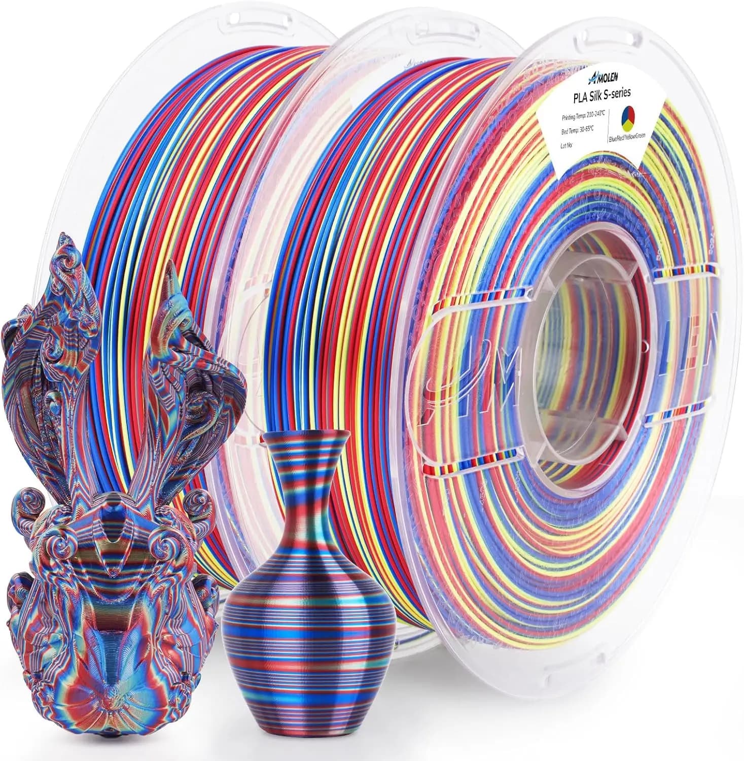 3D Printer Filament in PLA Silk, 1,75mm Multicolor Polished Rainbow, Fast Color Printing Filament