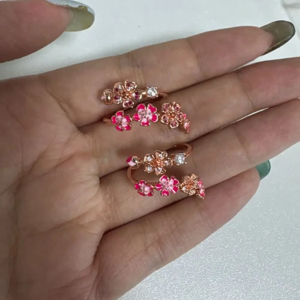Adjustable Open Women Peach Blossom Ring Crystal Accents Gemstone Embellished Ring Box Rose Gold Plated Lightweight