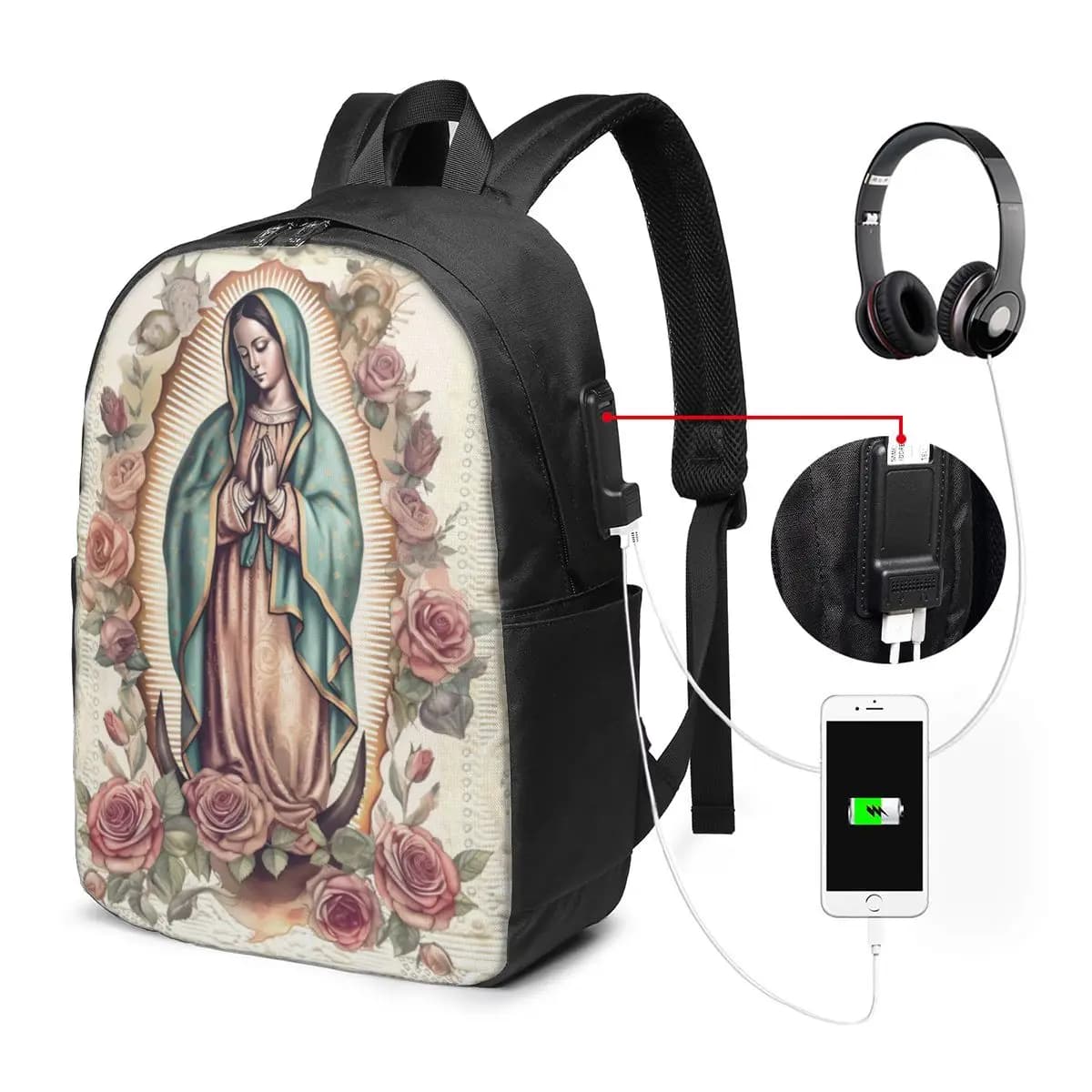 Zaino cattolico con immagine della Vergine Maria di Guadalupe, Messico, borsa per notebook da viaggio, borsa per computer, borsa per studenti universitari, borsa per laptop