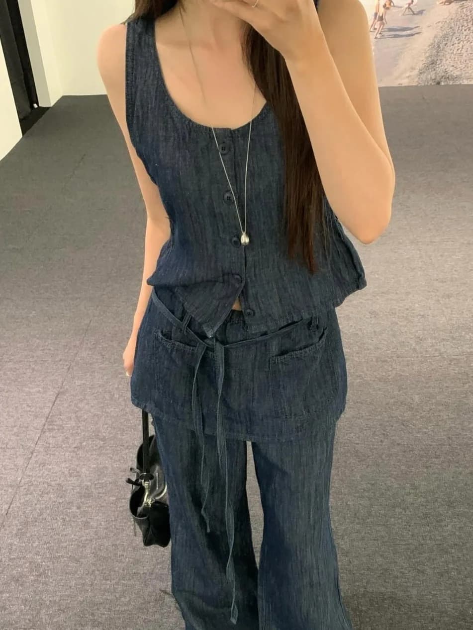 Chic Summer New Folded Waist Sleeveless Vest Women's plus Curtain Casual Pants Two-Piece Set High-End Feeling Fashionable