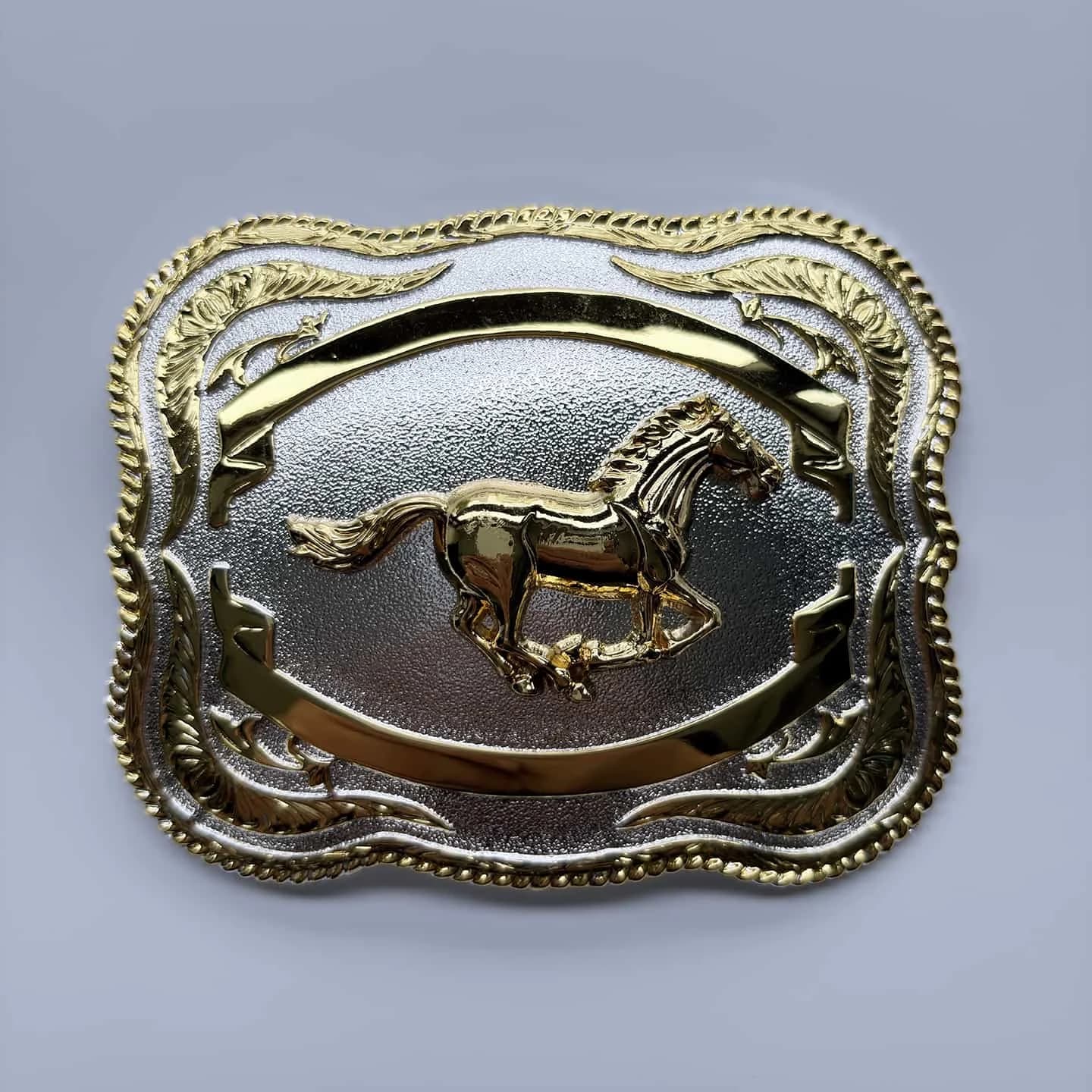 Bright Silver With Gold Running Horse Rodeo Cowboy Cowgirl Rectangle Belt Buckle Hebilla Gurtelschnalle Boucle de ceinture WT170
