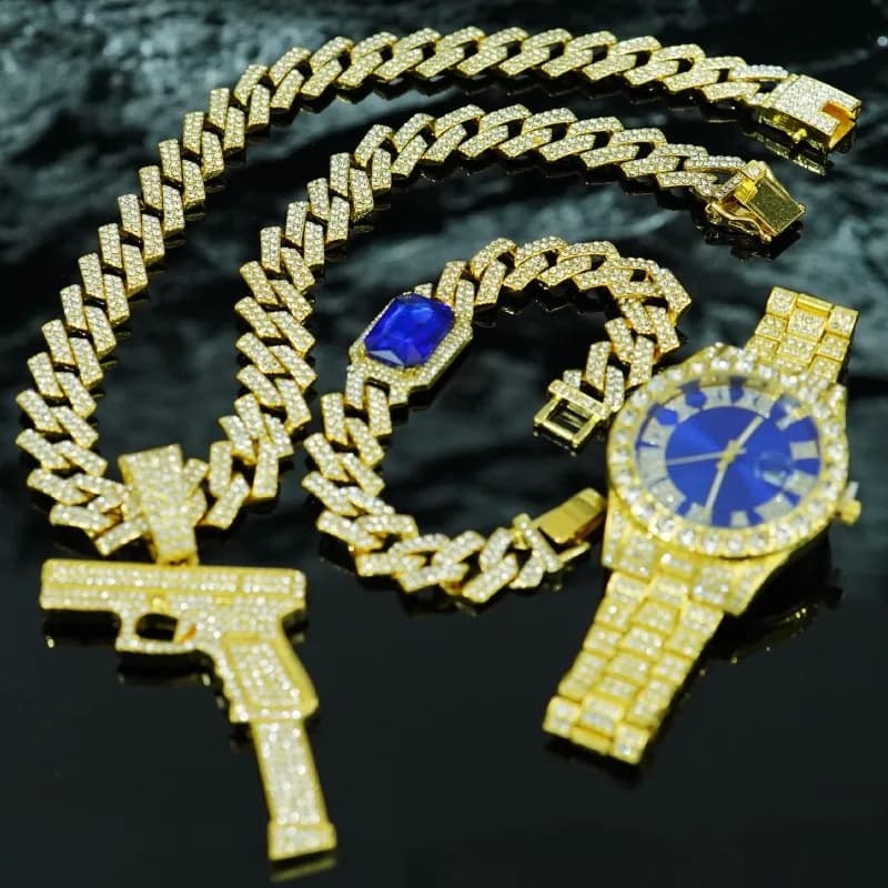 Collana con ciondolo a forma di pistola Hip Hop, bracciale colorato, set di orologi da uomo, confezione regalo di lusso per uomo
