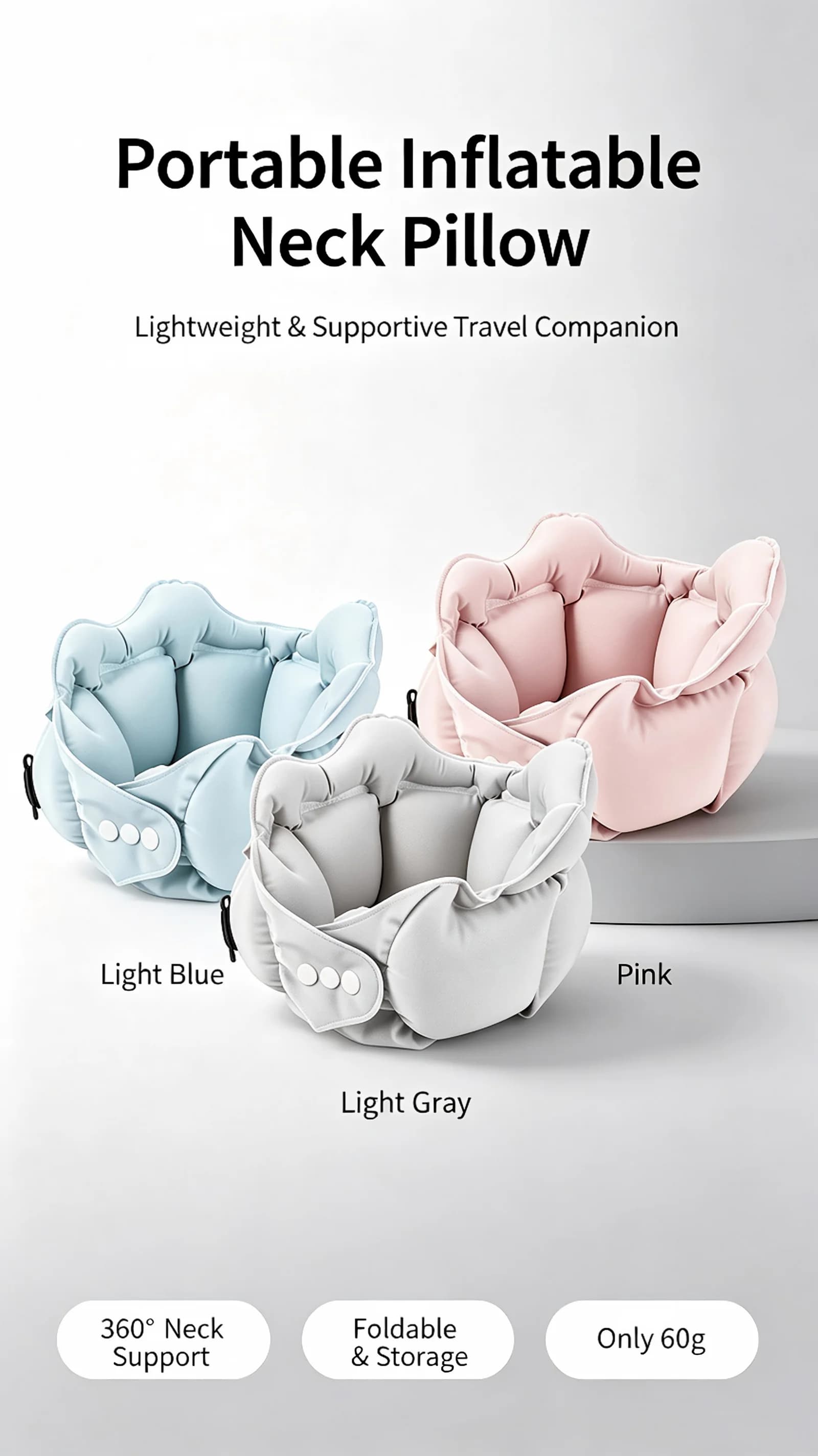2-in-1 Pump & Storage Case Inflatable Neck Pillow, 360° Support for Airplane, 10s Inflation, Car & Travel, Easy Carry & Clean