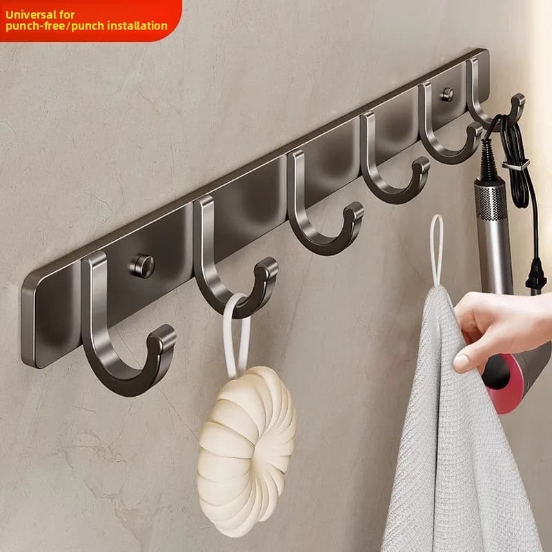 Punch-free Space Aluminum Row Hooks Self Adhesive Wall Mounted Hanger Bathroom Kitchen Door Back Clothes Hooks Home Storage
