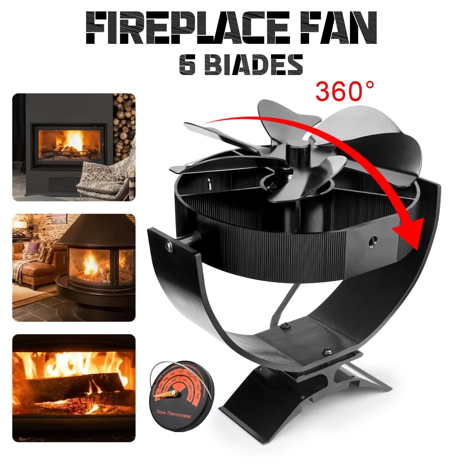 Ventilatore per stufa alimentato a calore a 6 pale Ventilatore per camino rotante a 360 gradi Bruciatore a legna Eco-ventilatore Ventilatore per stufa silenziosa Distribuzione efficiente del calore