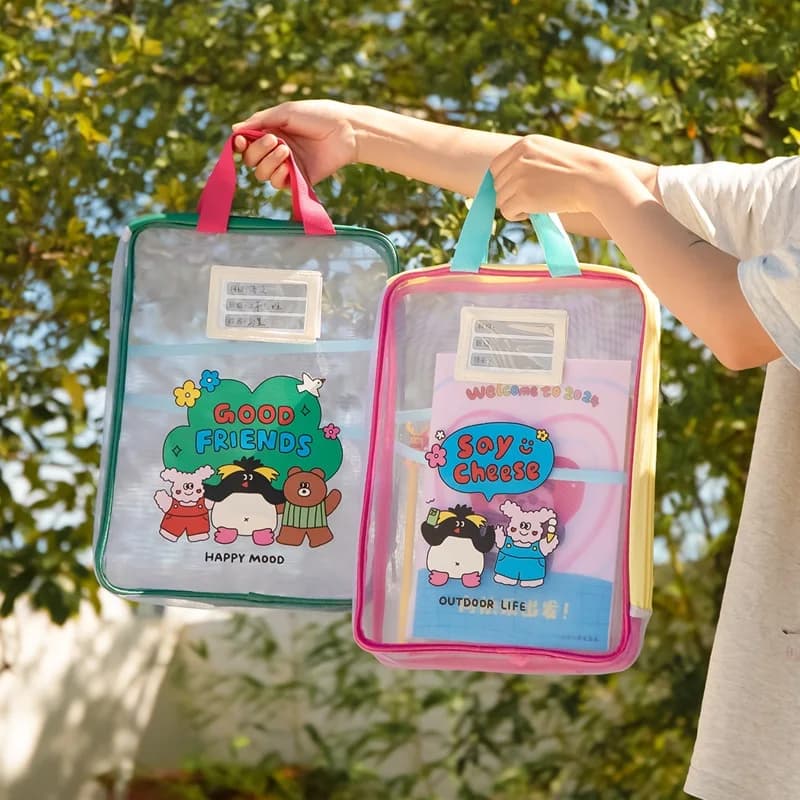 Cute Cartoon Document Bag, Transparent File Folder with Handle, Waterproof Stationery Tote for Students