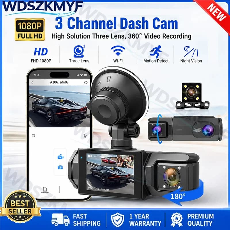 3 Channel Dash Cam FHD 1080P 2Lens Recorder Video for Front Interior Rear Camera Motion Detection Night Vision Loop Recording