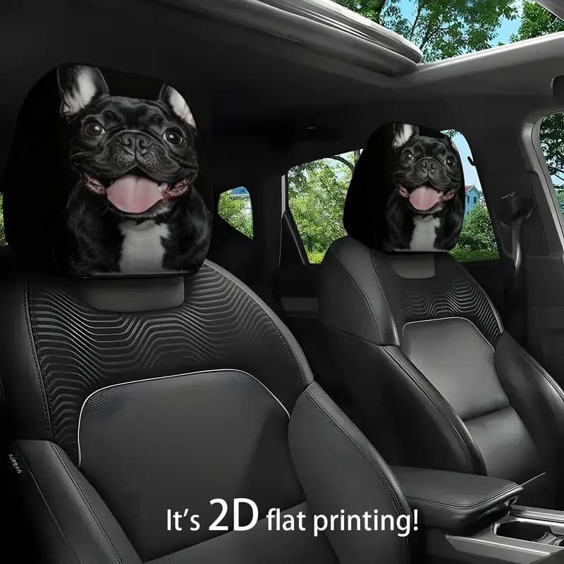 Copri poggiatesta per auto con stampa di un bulldog francese nero con la lingua fuori, piatto 2D, ideale per viaggi/trasporto quotidiano/decorazione degli interni dell'auto