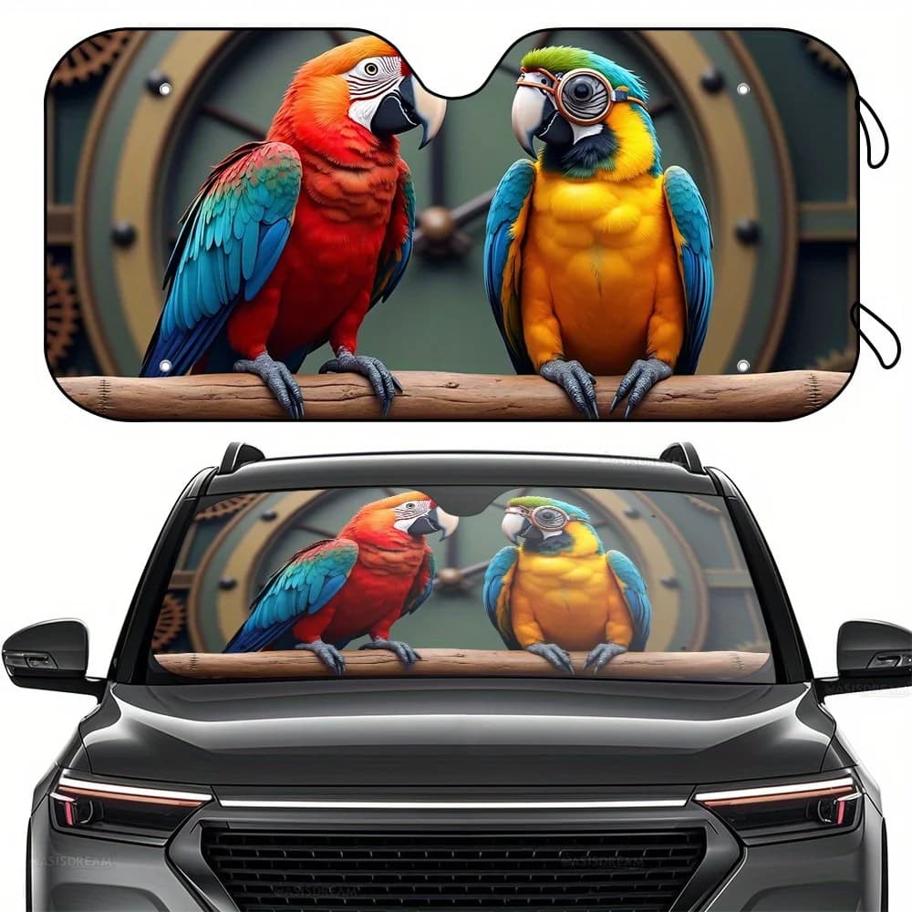 1 parasole per parabrezza camper con design a due pappagalli vibranti - Parabrezza per finestrino anteriore per camper, SUV, camion - Sole interno