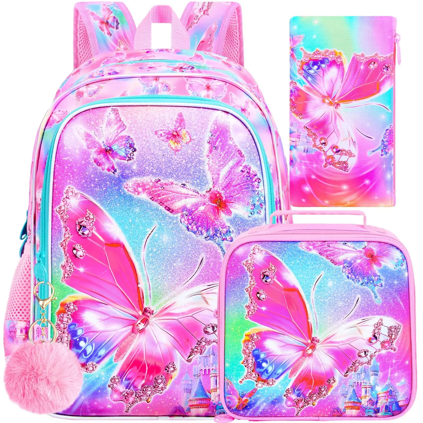 Zaino a forma di farfalla da 3 pezzi per ragazze, zaino per bambini resistente all'acqua con portapranzo, zaini prescolari da 16 pollici per la scuola elementare - Butterf