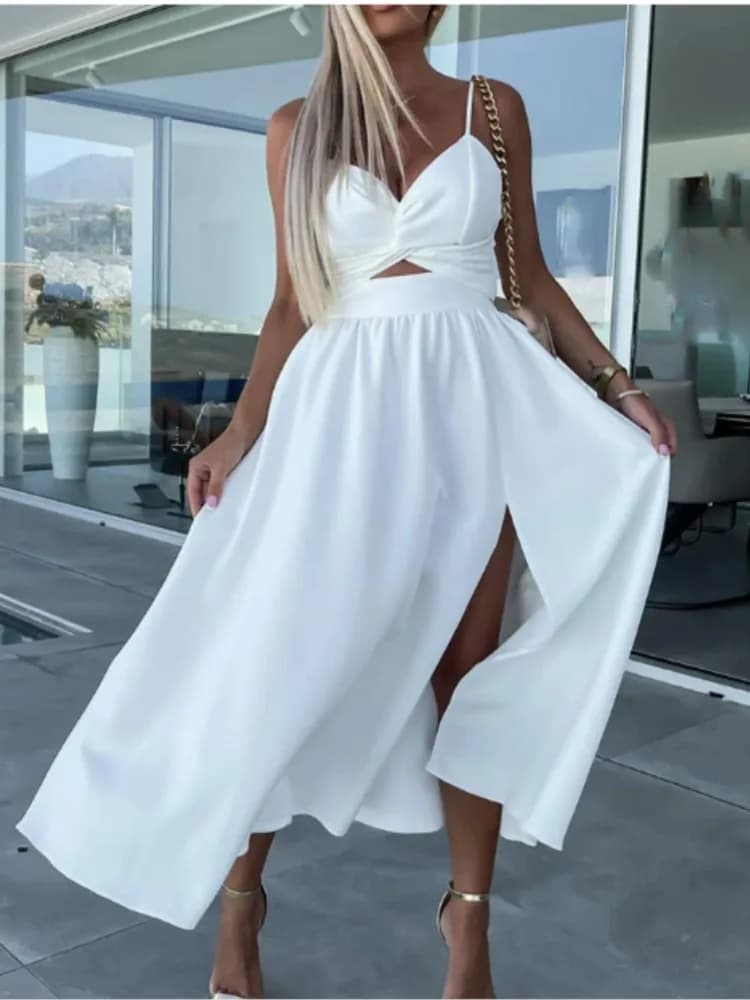 Nuovo Abito Midi da Donna con Bretelle e Scollo a V, Ampio e Svasato, Senza Schienale, Elegante e Casual, Tinta Unita, per l'Estate - Robe Femme