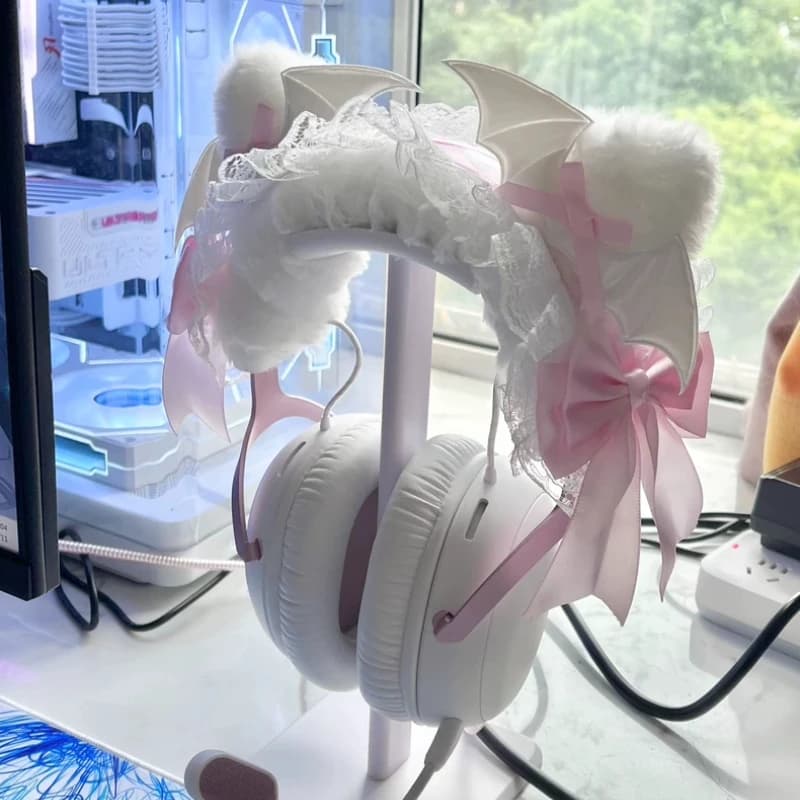 Supporto per Cuffie a Forma di Testa di Diavolo Rosa e Bianca, Personalizzabile, Carino Espositore da Scrivania per Cuffie, Accessori
