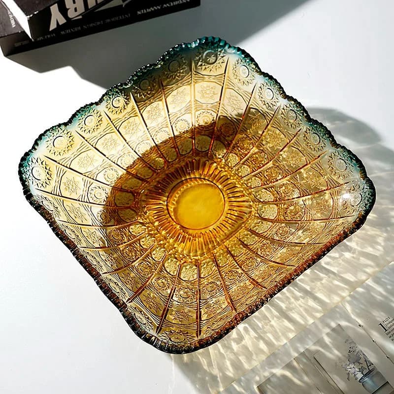 Piatto da frutta in vetro cristallo con decorazioni in stile light luxury, grande piatto quadrato europeo per frutta secca, caramelle e snack, ideale per il soggiorno.