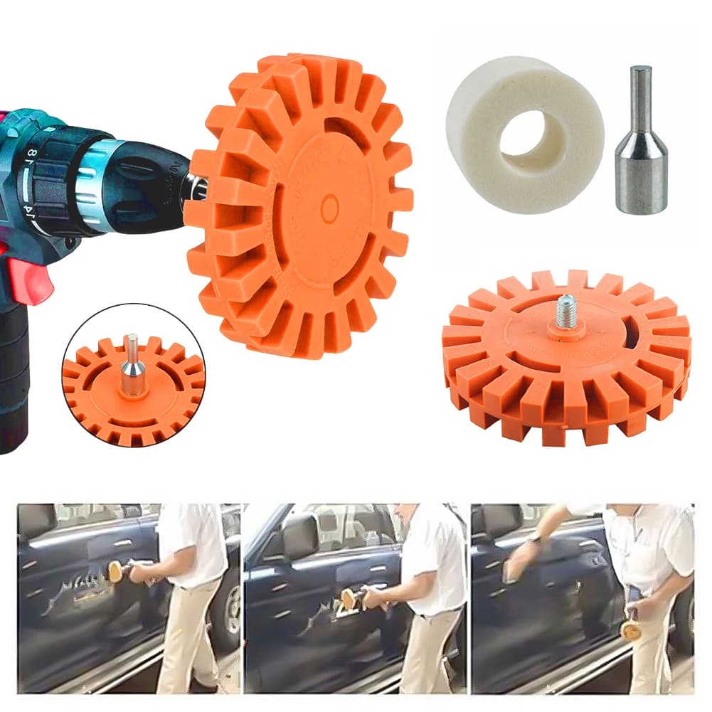 4 inch rubber wheel with drill adapter Adhesive removal device Adhesive removal device Remove decals for cars Vinyl and car body stickers