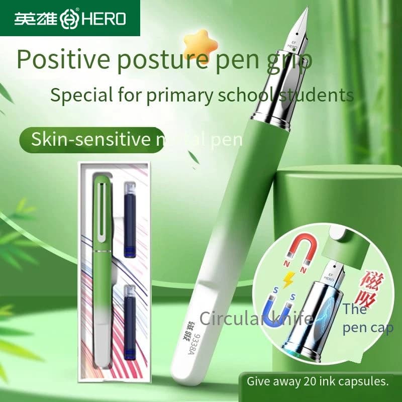 Hero 9338A Magnetic Cap Pen for Kids' Calligraphy. Comfort Grip, Uses 3.4 Cartridges. Great for Beginners.