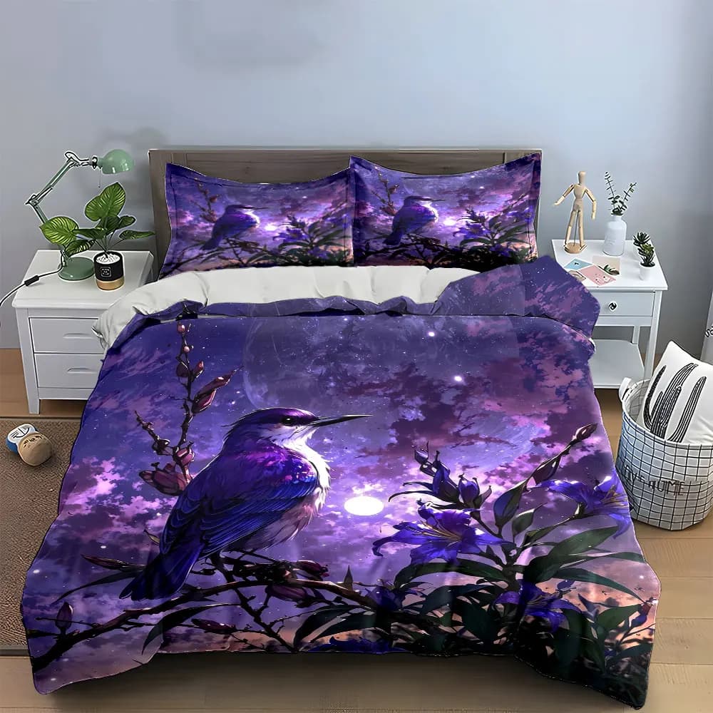 Set di biancheria da letto con decorazioni notturne a tema uccelli e fiori, con 1 copripiumino e 2 federe, singolo, matrimoniale, king, queen, idea regalo