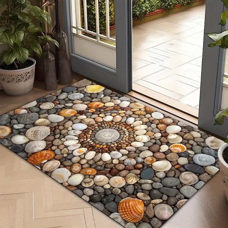 Shell and Pebble Design Welcome Mat, Entrance Mat, for Living Room, Bedroom, Laundry Room, Office Mat, Home Farmhouse Decoration