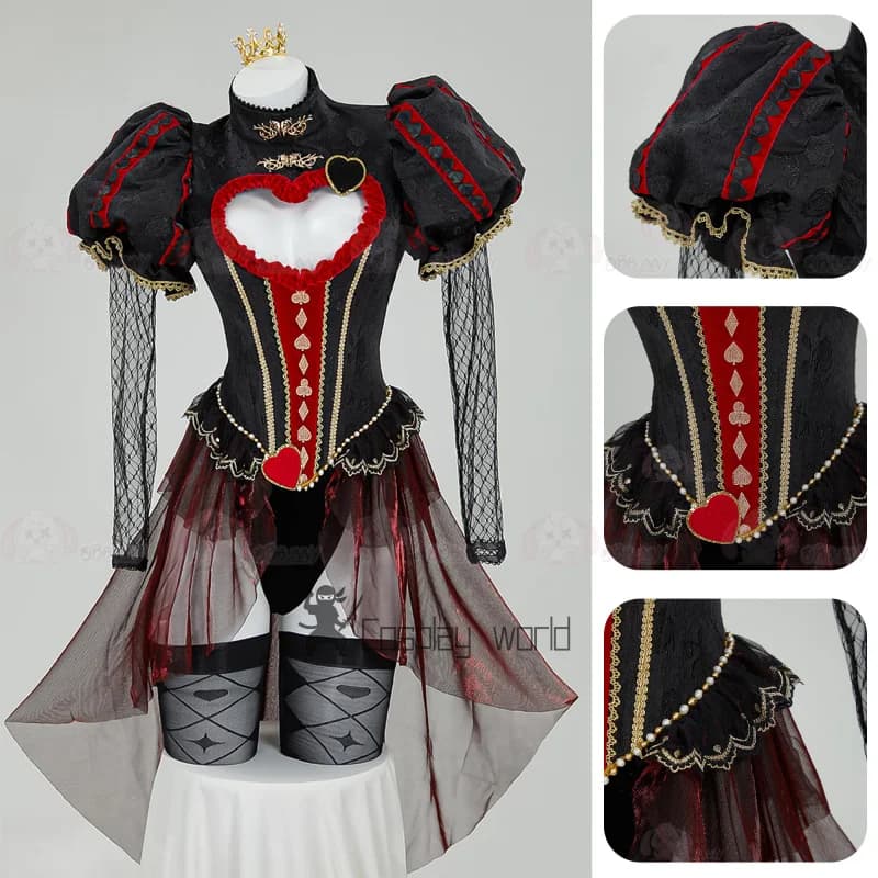 Costume cosplay della regina di cuori Alice nel paese delle meraviglie Costume da carnevale con ritaglio a cuore in stile vintage da donna di Halloween