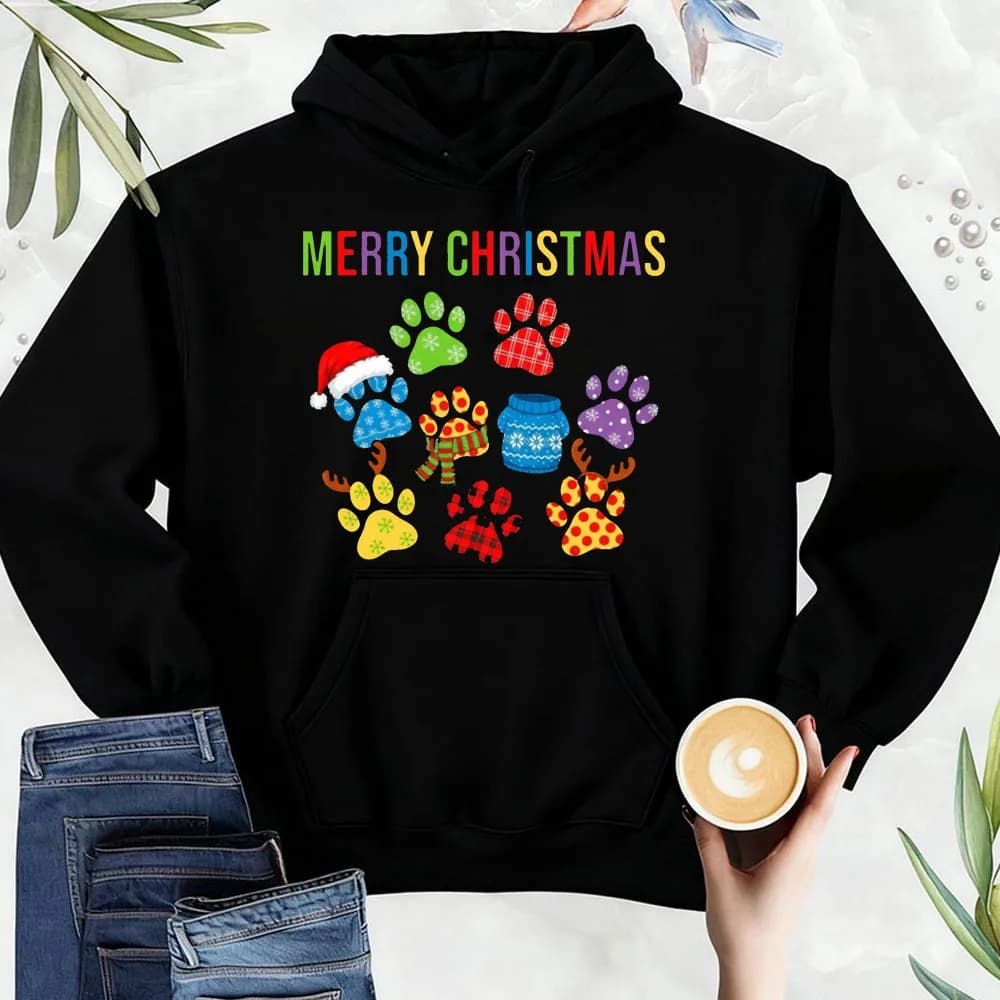 Felpa di buon Natale Stampata Zampe di cane Festa festiva Regalo di Natale Maglione da uomo Manica lunga Abbigliamento sportivo di moda da strada