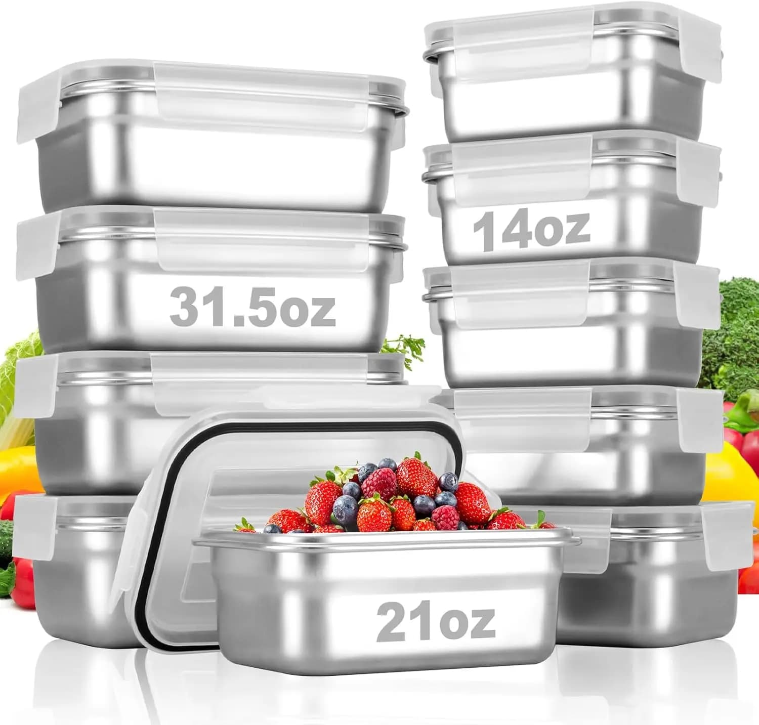 Set di 10 Contenitori per Alimenti in Acciaio Inox con Coperchi, Ermetici, Adatti per Forno/Lavastoviglie/Congelatore