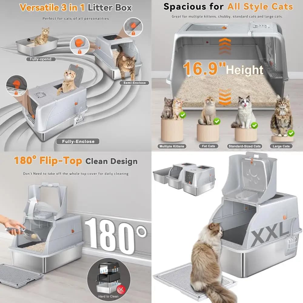 Lettiera per Gatti Extra Large Chiusa con Pedale, Doppio Ingresso e Paletta, Grigio Chiaro