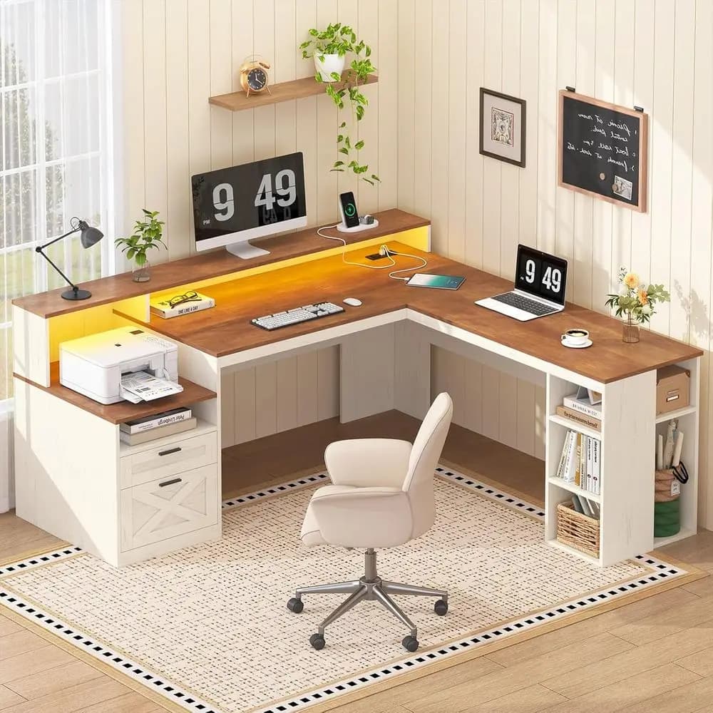 L-Shaped Desk with Drawers and Storage, 63 Computer Desk with Power Outlets, LED Lights, Home Office Desk, Monitor Stand, Brown