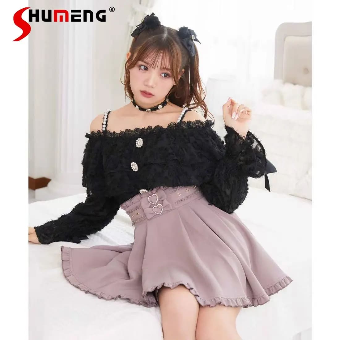 Camicia Lolita Nera a Maniche Lunghe con Spalle Scoperte Stile Giapponese, Taglia Grande, Blusa Slim Fit con Fiocco in Pizzo per Donna, Top Primaverile Autunnale