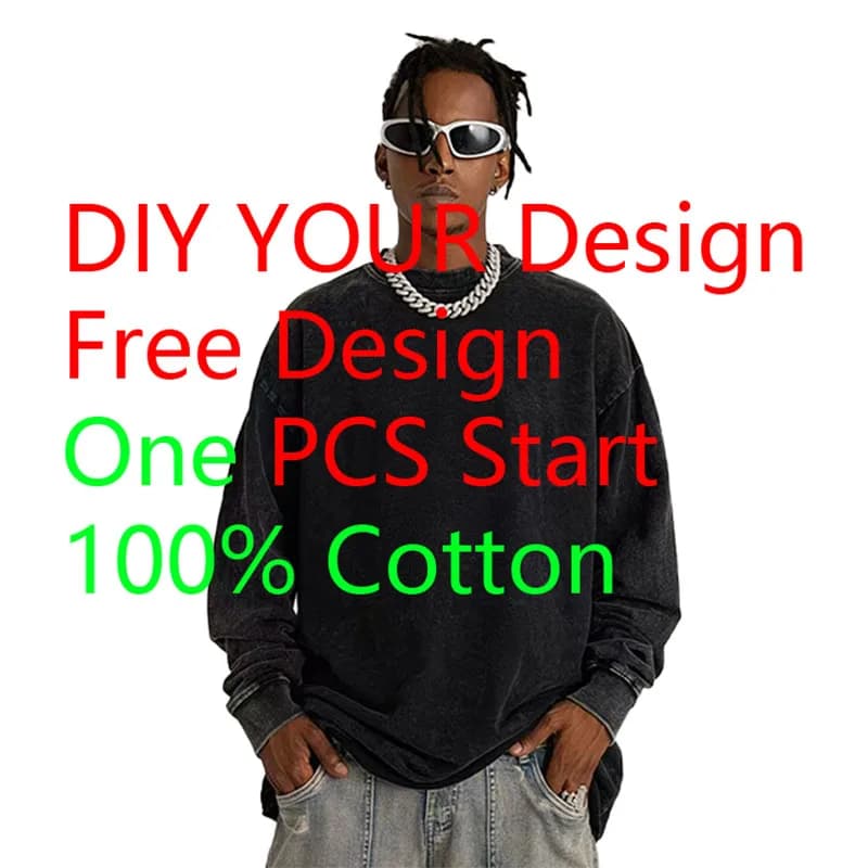 T-shirt casual personalizzata a maniche lunghe con il tuo design (come foto o loghi) Camicia da uomo a maniche lunghe effetto vintage