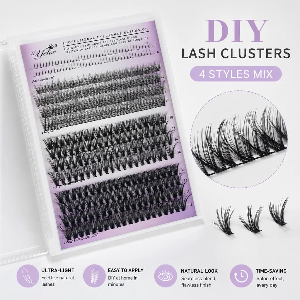 Yelix DIY Clusters Lashes Big Tray Spike Fan Bottom Lash 20D 30D Clusters Volume False Eyelashes Mixed Wispy Eyelash Makeup