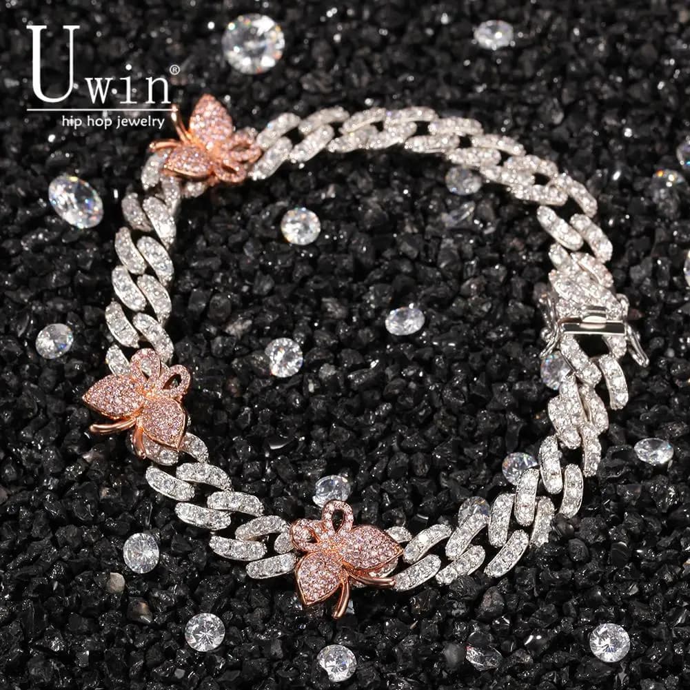 Uwin 9mm bracciale cubano con farfalla 9 pollici caviglia Mini farfalla rosa Cz Punk Miami Link Bling Bling gioielli Hip Hop per regalo
