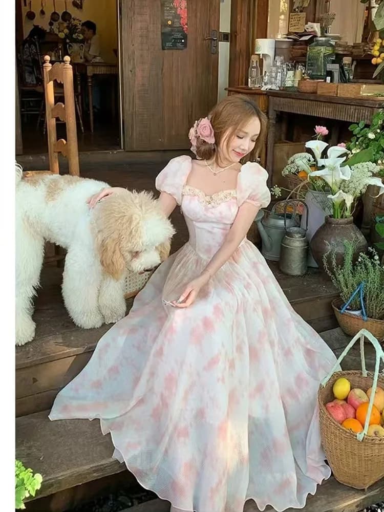 Elegant Chiffon Floral Print Square Neck Midi Dress Women's Bubble Sleeve Holiday Style Fairy Tale Long Dress