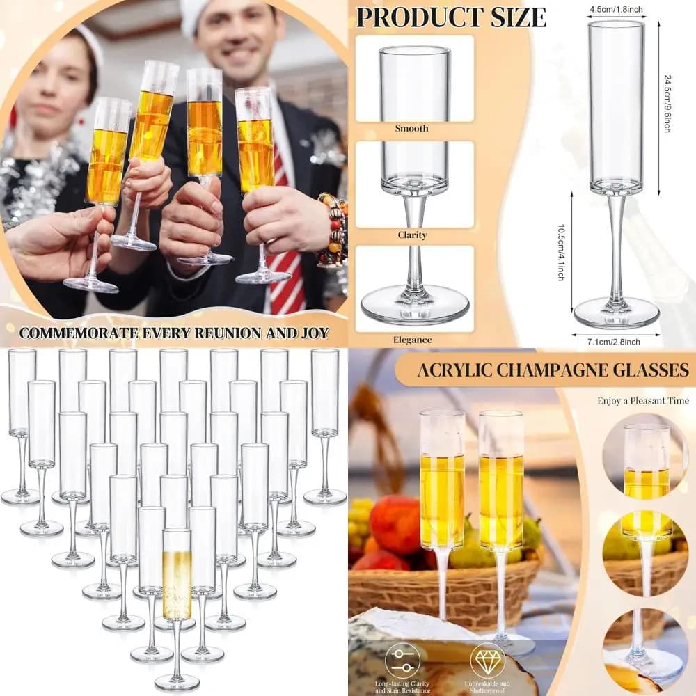 Set di 30 Bicchieri da Champagne in Acrilico Trasparente da 6oz, Infrangibili in Plastica per Vino Frizzante, Bicchieri Alti Riutilizzabili per Matrimoni
