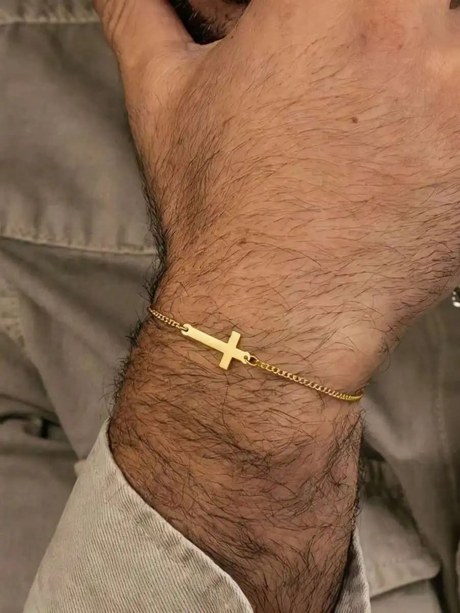 18K gold plated stainless steel cross bracelet for men — minimalist spiritual accessory ideal for daily wear or holidays like Ch