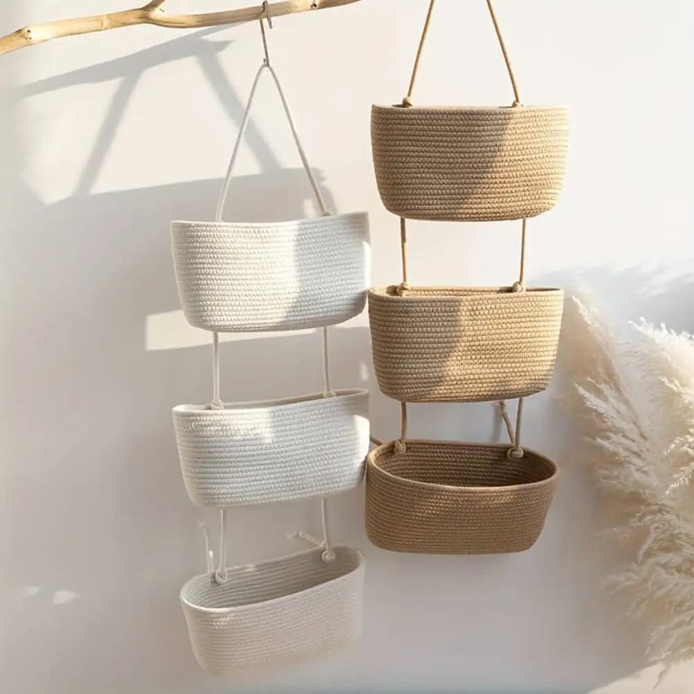 Cestino in tessuto intrecciato con corda a 3 livelli, stile Boho, sopra la porta, portaoggetti decorativo per soggiorno, cestini per mensola del bagno