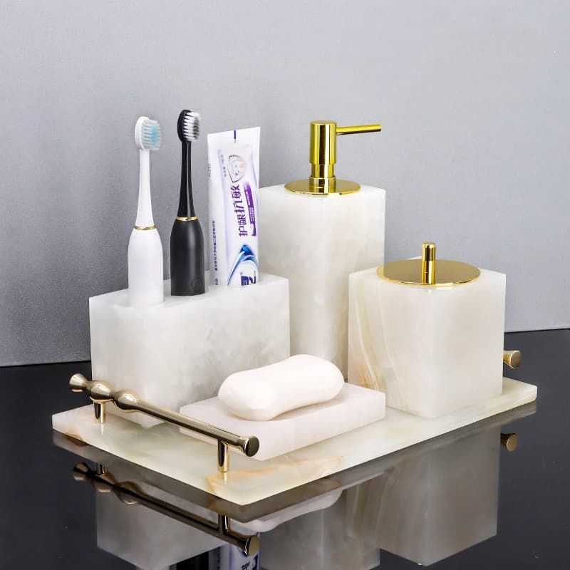 Set di marmo naturale onice bianco per Dispenser di sapone da bagno portaspazzolino posacenere bottiglia di aromaterapia vassoio portasapone