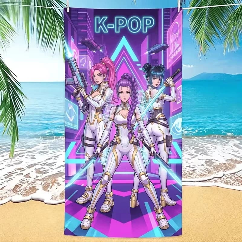 Kpop Cyberpunk Anime Beach Towel, Flat Neon Print Futuristic Warrior Soft Microfiber for Swimming Pool Yoga Travel
