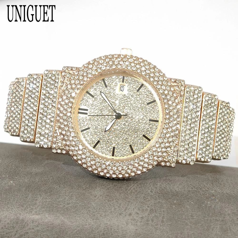 2025 UNIGUET moda uomo orologi ghiacciati lusso Hip Hop gioielli con diamanti pieni quarzo impermeabile orologio da polso da lavoro per uomo nuovo